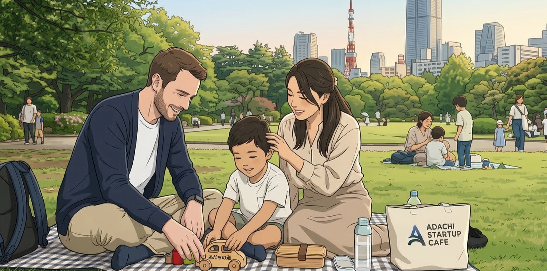 外国人家族が東京の公園で過ごしている様子